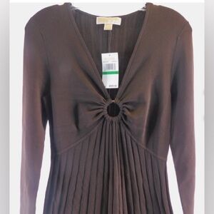 MICHAEL Michael Kors Brown Ribbed Knit Long Sleeve V-Neck Midi Dress—Sz L—NWT